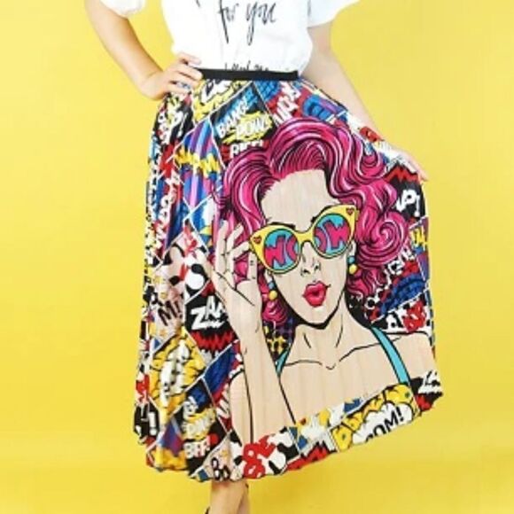 NWT Pop Art Cartoon Kiki Comic Chic High Waist Pleated Skirt OSFM - Picture 1 of 12